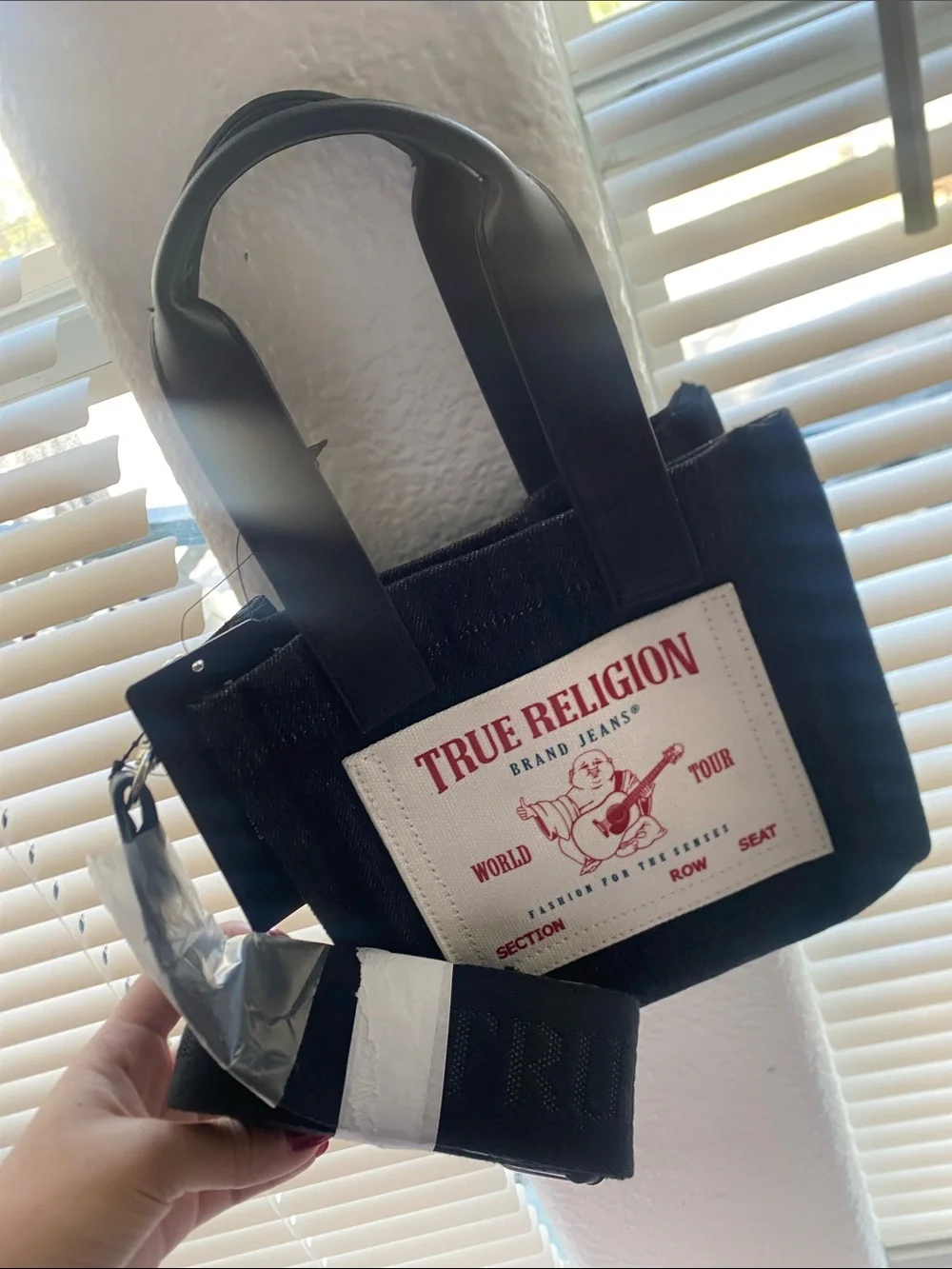 True Religion Black Mini Messenger Tote with Red Logo Patch